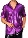 Lars Amadeus メンズクロコダイル柄シャツ ボタンダウン 半袖 光沢のあるディスコメタリックシャツ パープル 2XL(4)