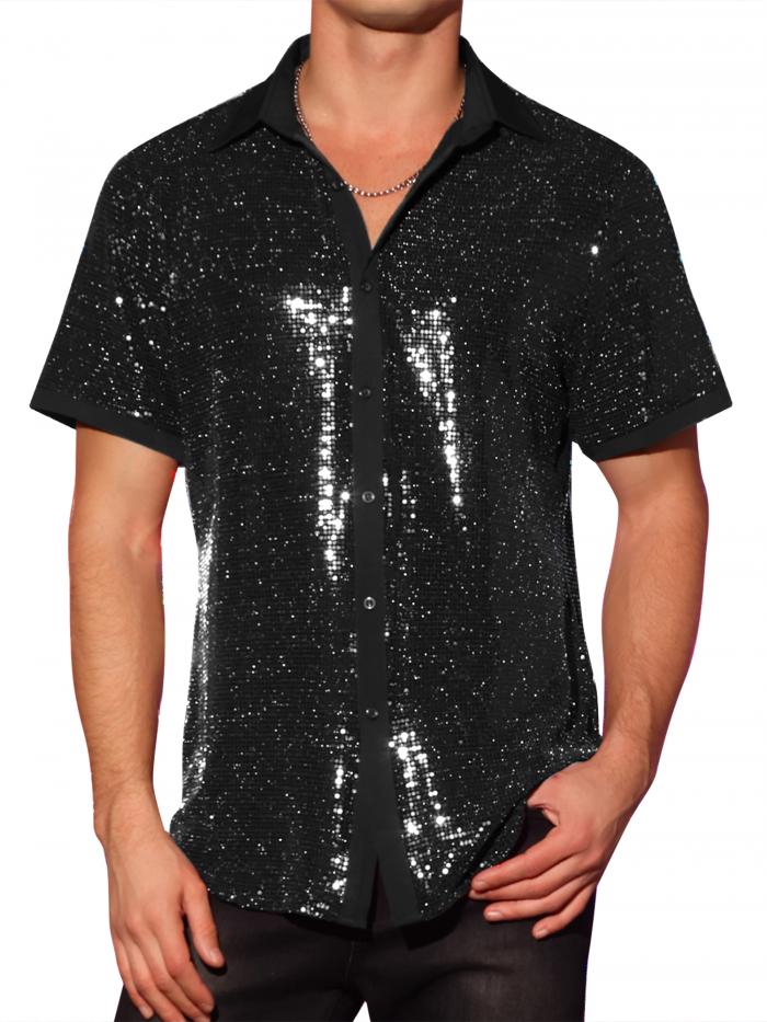 Lars Amadeus メンズ用 スパンコールシャツ コントラストカラー 半袖 ディスコパーティー シャイニーシ..