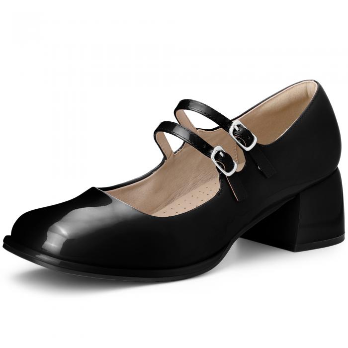 Allegra K レディース スクエアトゥ アンクルストラップ ブロックヒール メリージェーンパンプス 黒 23.0cm