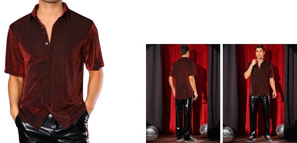 Lars Amadeus グリッターシアーシャツ メンズ 光沢メッシュ 半袖トップ パーティー メタリックシャツ レッド M