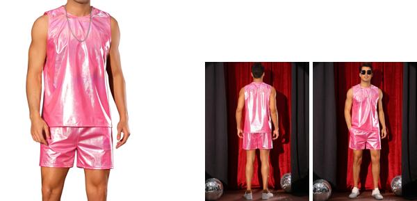 Lars Amadeus ホログラフィックタンクトップとショーツセット メンズ パーティー ディスコ メタリック 2ピース 衣装 ピンク XL