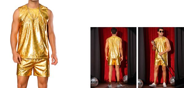 Lars Amadeus ホログラフィックタンクトップとショーツセット メンズ パーティー ディスコ メタリック 2ピース 衣装 金色 2XL