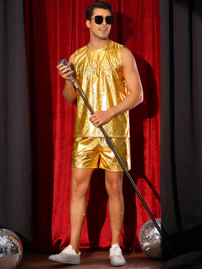 Lars Amadeus ホログラフィックタンクトップとショーツセット メンズ パーティー ディスコ メタリック 2ピース 衣装 金色 2XL