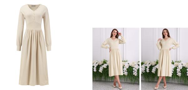 Hobemty レディース Aライン セータードレス 2025 Vネック 長袖 リブニットドレス ベージュ M 2