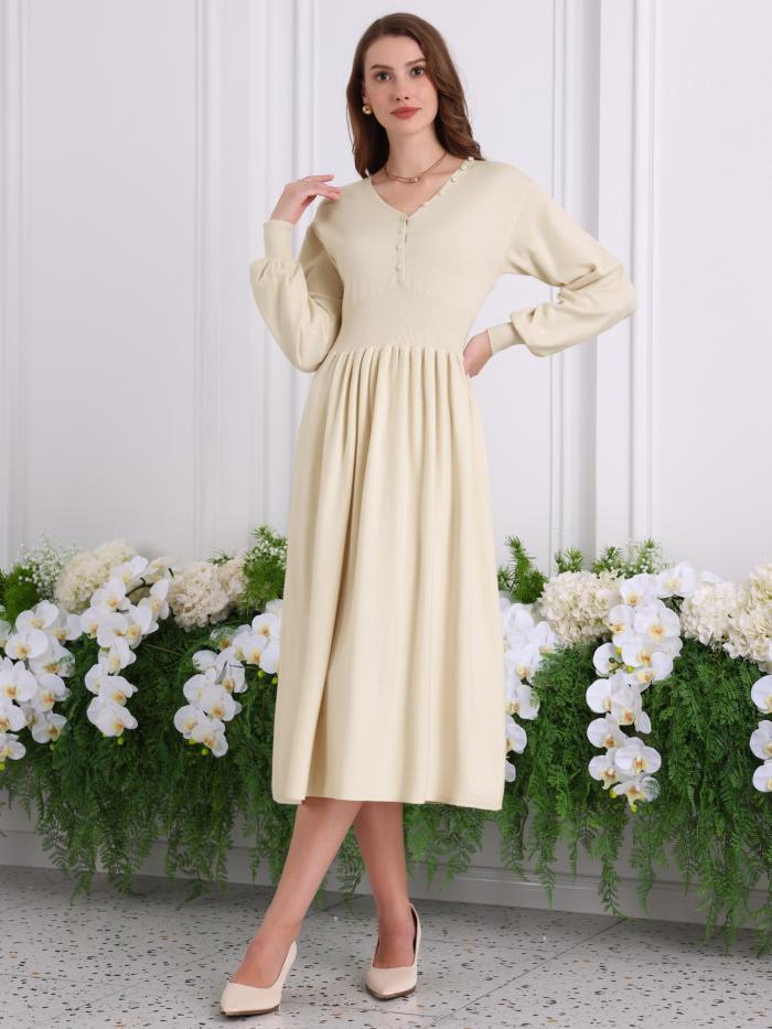 Hobemty レディース Aライン セータードレス 2025 Vネック 長袖 リブニットドレス ベージュ M 3