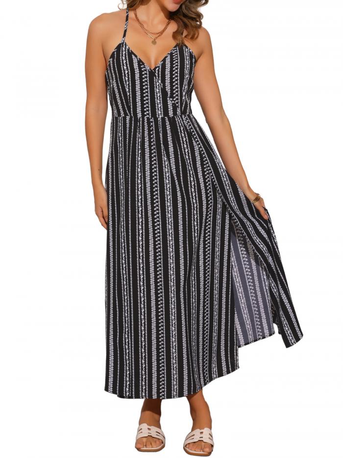 Allegra K レデイーズ フローラルドレス スパゲッティストラップ ゆったり スモック マキシ サンドレス ブラック M