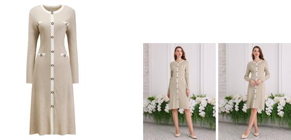 Hobemty レディース コントラストカラー セータードレス 長袖 ニット Aライン ミディドレス ベージュ L