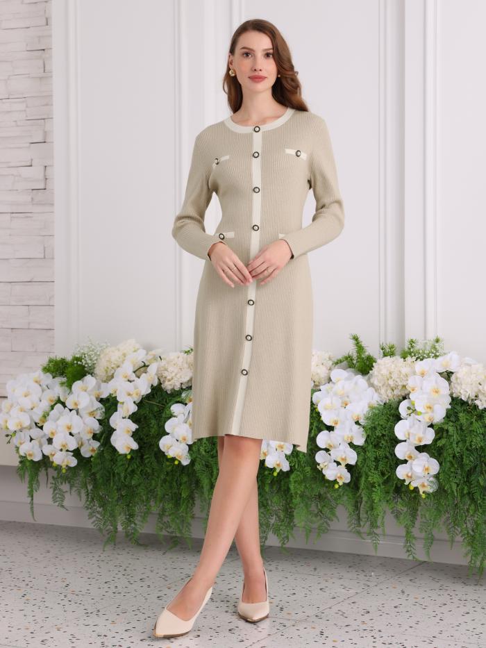 Hobemty レディース コントラストカラー セータードレス 長袖 ニット Aライン ミディドレス ベージュ L