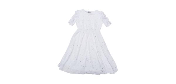 Allegra K レディース シフォン ドレス メタリック スター 星柄 ルーシュスリーブ Vネック Aライン ドレス ホワイト S