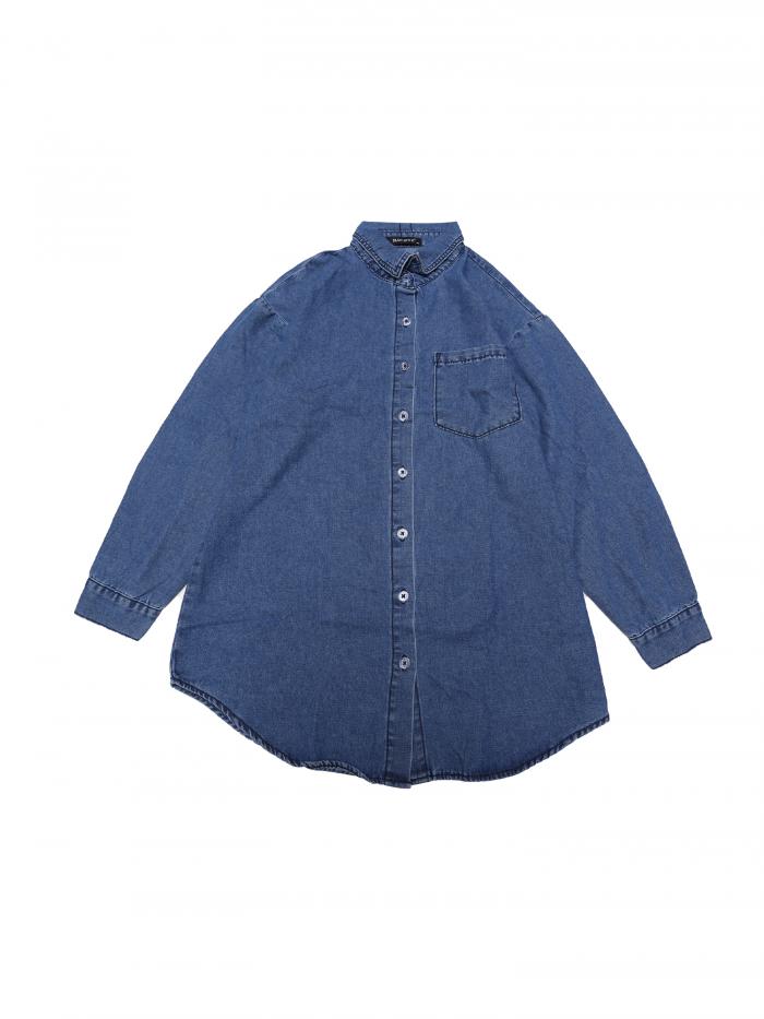 Allegra K レディース カジュアル デニムシャツ 春 長袖 ボタンダウン シャンブレー ジーンズ ジャケット ブルー L
