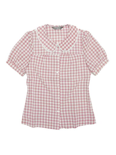 Allegra K トップス チェック ブラウス 半袖 コントラスト カラー カジュアル レディース ピンク L