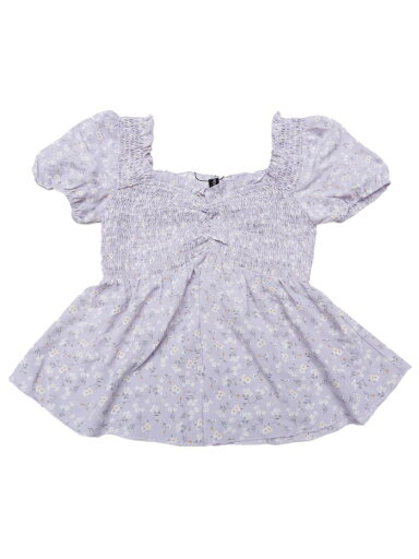 Allegra K パフ半袖花柄ブラウス ハートネック シャーリング フリル ペプラム トップ レディース ライトパープル S Allegra K パフ半袖花柄ブラウス ハートネック シャーリング フリル ペプラム トップ レディース ライトパープル S