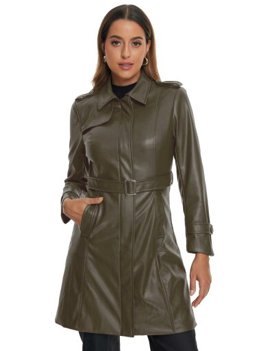 Allegra K レディース フェイクレザー ロングジャケット ラペル スリムフィット 長袖 ジップコート ブラウングレー S Allegra K レディース フェイクレザー ロングジャケット ラペル スリムフィット 長袖 ジップコート ブラウングレー S
