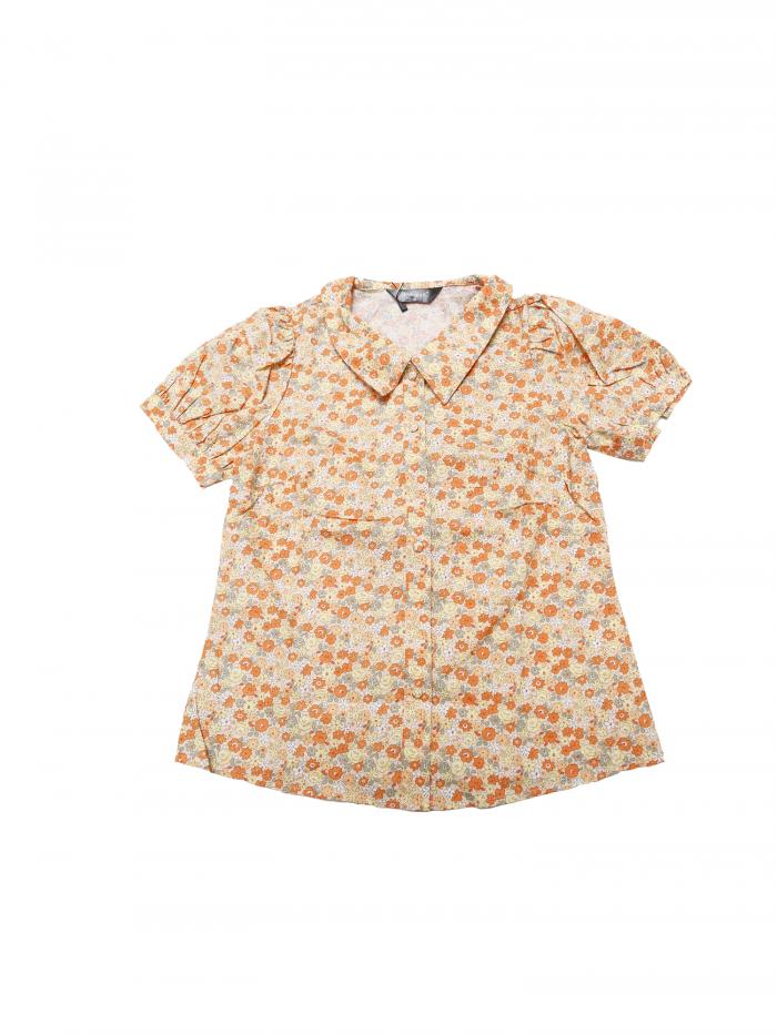 Allegra K フローラルブラウス パフスリーブターンダウンカラーボタンダウン レディース オレンジ S