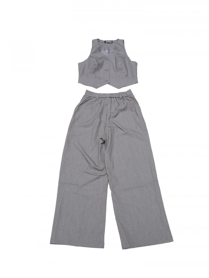 Allegra K レディース カジュアル ノースリーブ クロップトップ Vネック ワイドレッグパンツ スウェットスーツ ツーピース グレー XS