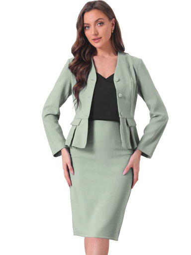 Allegra K ビジネススーツ ブレザー ペンシルスカート 長袖 ノーカラー 無地 ペプラム 2点セット 通勤 レディース ピーグリーン S Allegra K ビジネススーツ ブレザー ペンシルスカート 長袖 ノーカラー 無地 ペプラム 2点セット 通勤 レディース ピーグリーン S