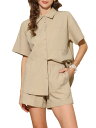 Allegra K 2ピース アウトフィット 半袖シャツ ショーツセット 夏用ラウンジスーツ ボタンダウンTシャツ レディース カーキ XS