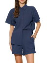 Allegra K 2ピース アウトフィット 半袖シャツ ショーツセット 夏用ラウンジスーツ ボタンダウンTシャツ レディース ネイビーブルー XS