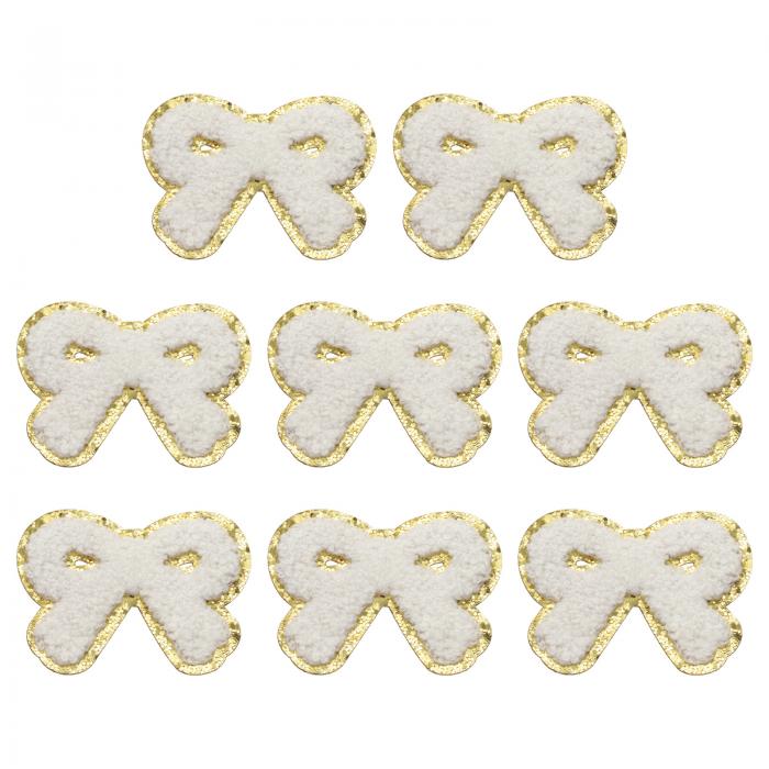 8個 白いボウチェニールパッチ アイロンパッチ金色エッジボウパッチアップリケ衣類DIYクラフト帽子バッ..