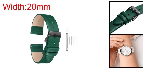 グリ ーンの本物のレザーバンド、20mm幅、フラットで薄いエレガントなレザーウォッチストラップ、黒バックル、男性と女性用