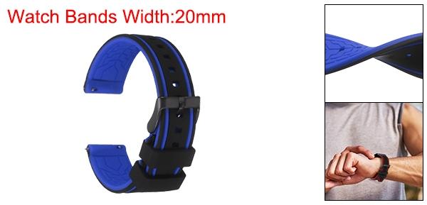 20mm幅のシリコンウォッチバンド、クッション黒バックル付きの柔らかいクイックリリースラバーウォッチバンド、男性用女性用、黒ブルー