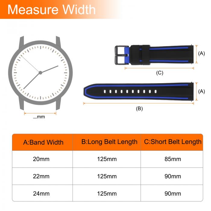 20mm幅のシリコンウォッチバンド、クッション黒バックル付きの柔らかいクイックリリースラバーウォッチバンド、男性用女性用、黒ブルー
