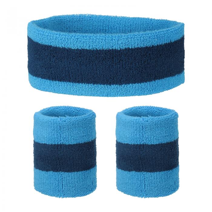 スウェットバンドセット スポーツ テリークロス ヘッドバンド リストバンド セット 7"x2" 吸湿発汗 ヘッドバンド 女性 男性 トレーニング エクササイズ バスケットボール (ライトブルー/ダークブルー)