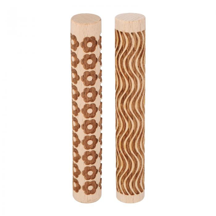 2個 木製クレイローラー4"曲線模様 花柄ローリングピン木製ローラー陶器ツール木目質感ローラー粘土焼..