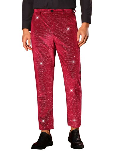 Lars Amadeus グリッターベルベットパンツ メンズ ジッパーボタン パーティー ストレートレッグ 光沢ベロア トラウザー レッド S Lars Amadeus グリッターベルベットパンツ メンズ ジッパーボタン パーティー ストレートレッグ 光沢ベロア トラウザー レッド S