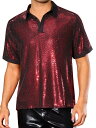 Lars Amadeus メンズ スパンコールポロ コントラストカラーカラー 半袖 パーティー ディスコ ポロシャツ レッド 2XL(4)