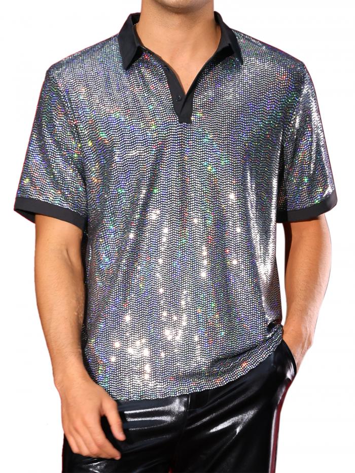 Lars Amadeus メンズ スパンコールポロ コントラストカラーカラー 半袖 パーティー ディスコ ポロシャツ シルバー 2XL