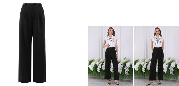 Hobemty レディース ワークパンツ プリーツフロント フォーマル オフィス ストレート パンツ ポケット付き ブラック L