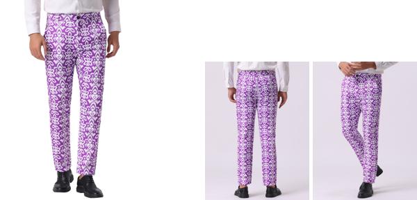 Lars Amadeus メンズ 花柄パンツ フラットフロント プロム フォーマル フラワードレスパンツ パープル M