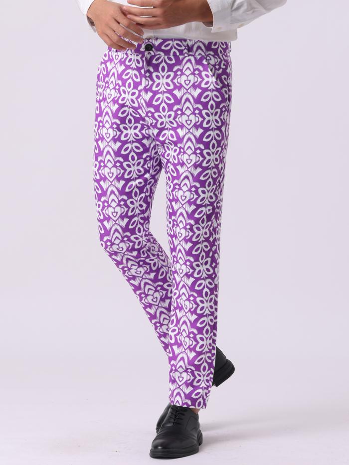 Lars Amadeus メンズ 花柄パンツ フラットフロント プロム フォーマル フラワードレスパンツ パープル M