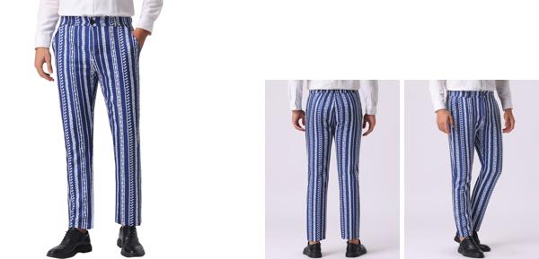 Lars Amadeus メンズ 不規則パターンパンツ フラットフロント プロム カラーブロック ストライプパンツ ネイビー M