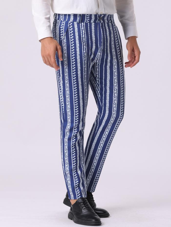 Lars Amadeus メンズ 不規則パターンパンツ フラットフロント プロム カラーブロック ストライプパンツ ネイビー M