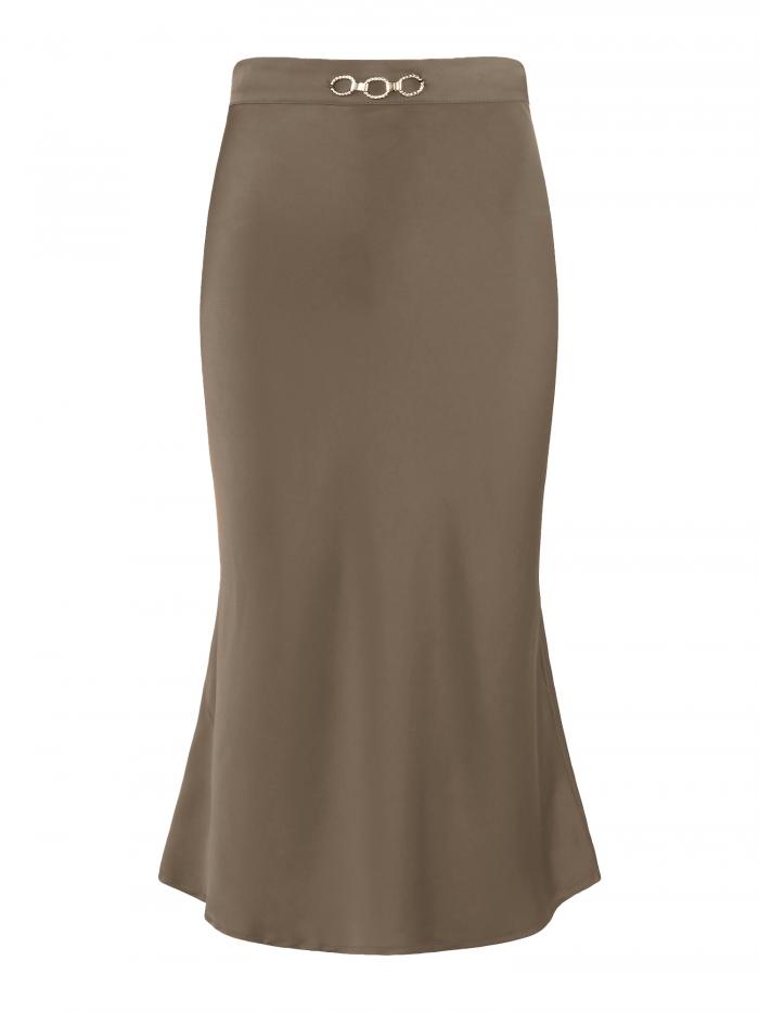 Hobemty レディース サテンスカート 伸縮性ウエスト 2024 カジュアル ワーク ゆったり ミディスカート カーキ L