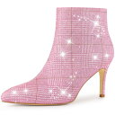 Allegra K アンクル ブーツ スティレットヒール チェック柄 サイド ジップ レディース ピンク 24.0cm