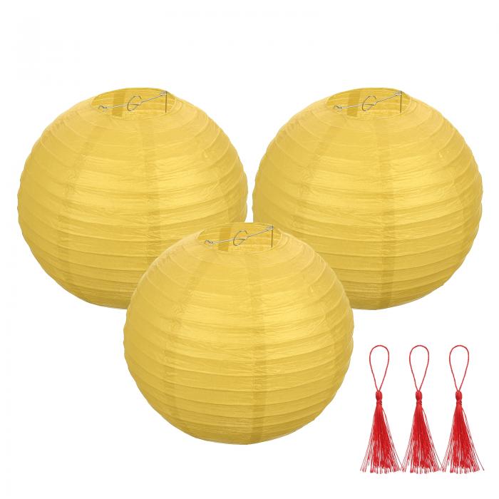 3個 イエロー 丸い和紙ランタン12" 中国 和紙ランタンパーティー装飾 装飾用折りたたみランタン タッセ..