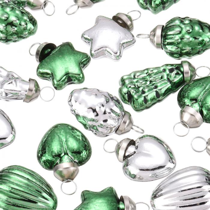 25個 ガラスクリスマスオーナメント シルバー 緑 クリスマスツリー 装飾 1-1.5" ヴィンテージ クリスマスツリーオーナメント クリスマスツリー ハロウィン イベント ウェディング用