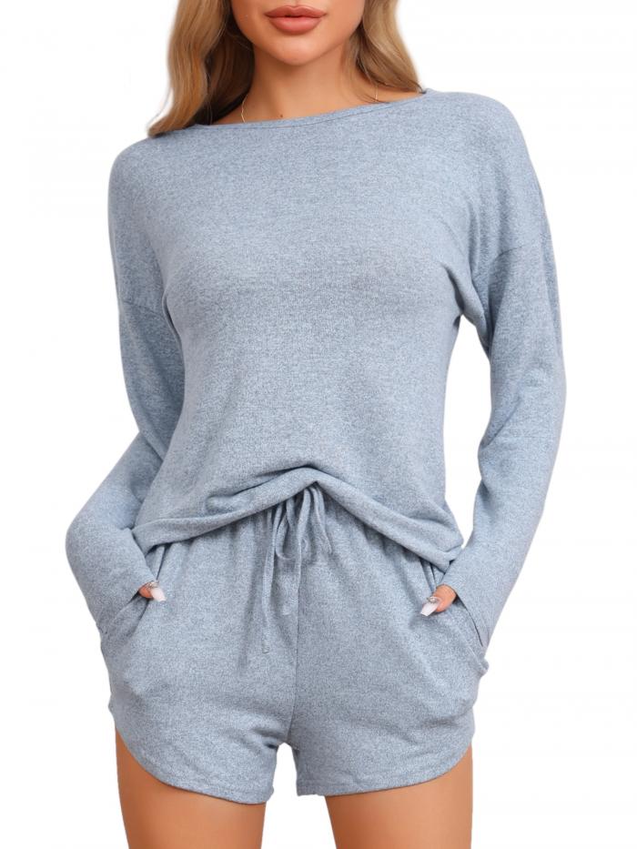 cheibear レディース ラウンジセット 長袖 伸縮性ウエストバンド トップスとショーツセット ラウンジウェア スウェットスーツ ポケット付き ブルー M