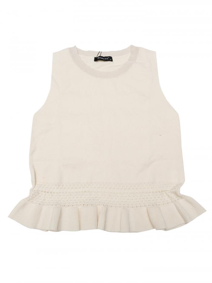 Allegra K レディース ニット クロップ タンクトップ クルーネック ノースリーブ リブ アイレット サマー クロップド セーター ベスト トップス ベージュ S