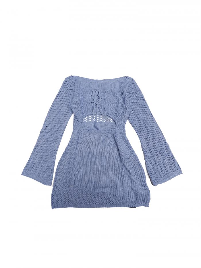 Allegra K レディース かぎ針編み ニットドレス カバーアップ ドローストリング タイ カットアウト 水着 ビーチドレス ライトブルー S