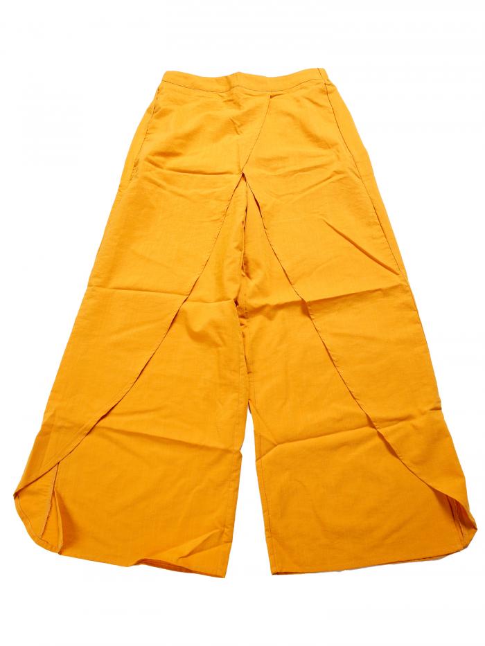 Allegra K カジュアルワイドレッグパンツ レディース 伸縮性ハイウエスト サイドスリット ルーズパンツ イエロー M