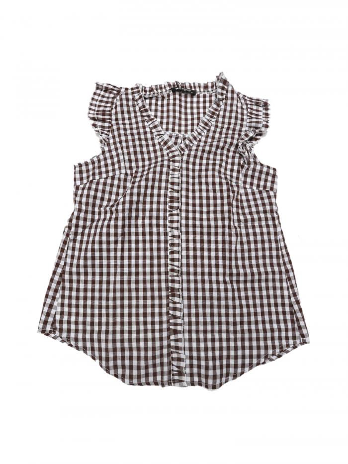 Allegra K チェック柄 ブラウス 綿 ボタンダウン 可愛い キャップ スリーブ ギンガム フリル シャツ レディース ブラウン XL