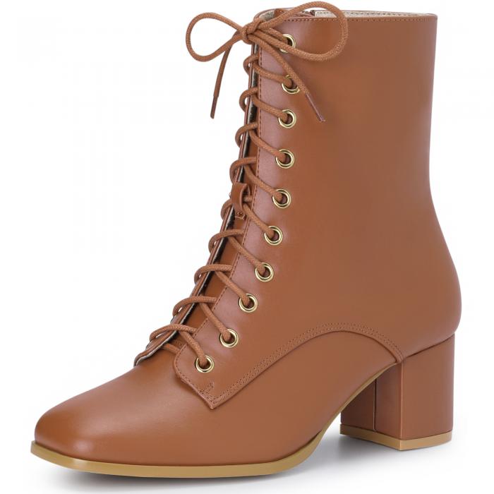 Allegra K レディース レースアップ チャンキーヒール アンクル コンバット ブーツ シューズ ブラウン 25.5cm