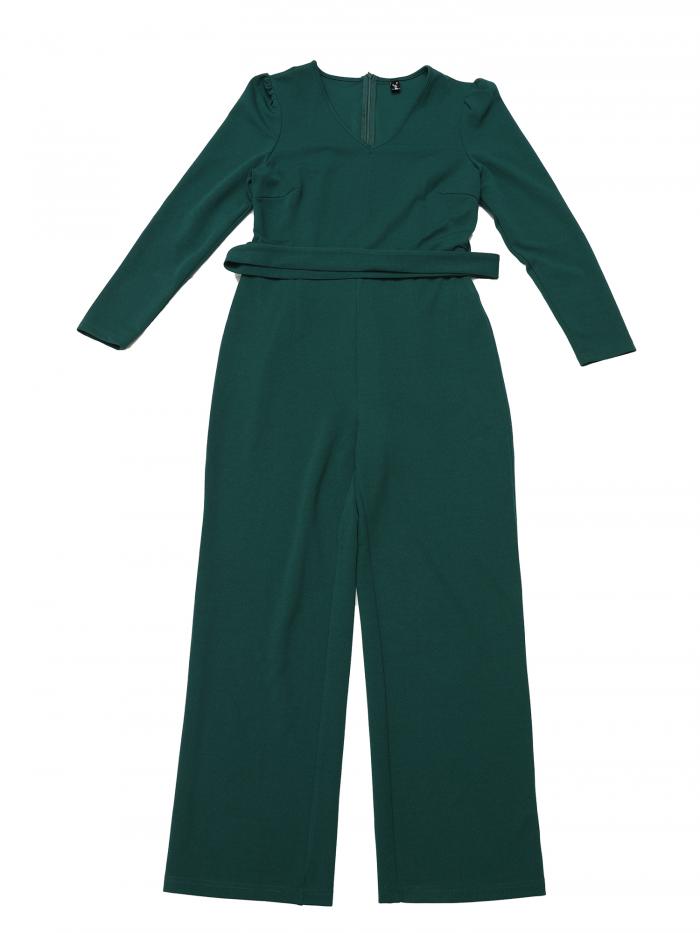 Allegra K レディース Vネック ジャンプスーツ 長袖 タイウエスト ワイドレッグ ロングパンツ エレガント ニット ダークグリーン L