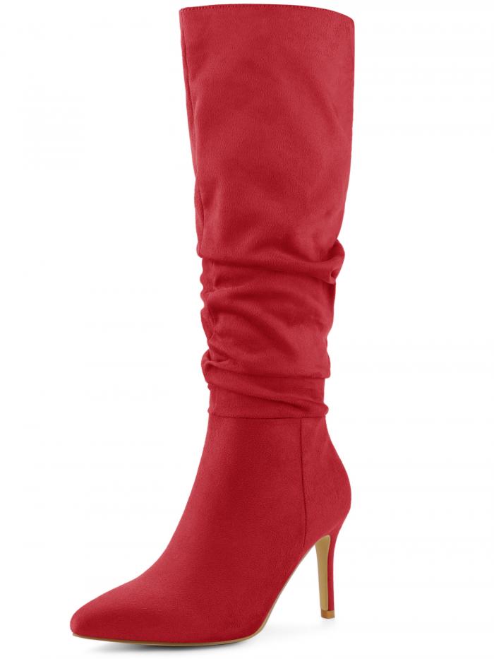 Allegra K レディーススラウチポインテッドトゥスティレットヒールニーハイブーツ レッド 25.5cm