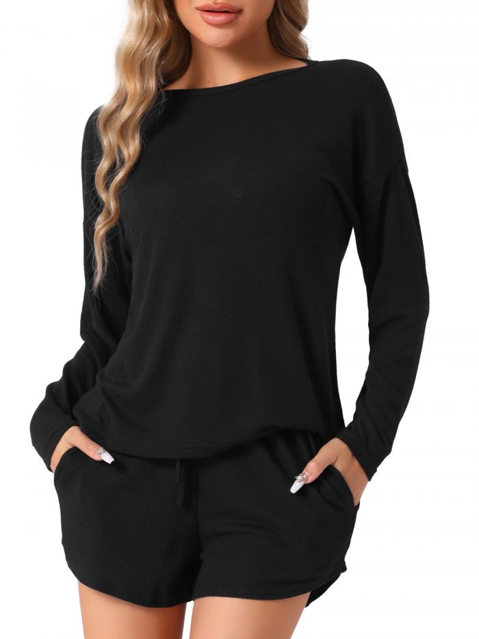 cheibear レディース ラウンジセット 長袖 伸縮性ウエストバンド トップスとショーツセット ラウンジウェア スウェットスーツ ポケット付き 黒 M