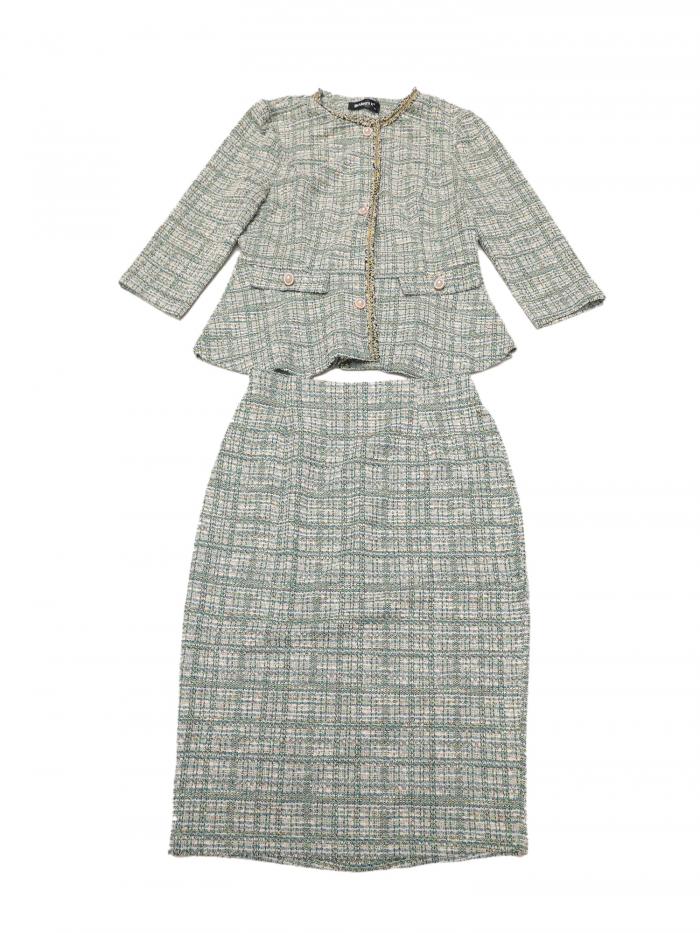 Allegra K レディース 2ピース ツイード ビジネススーツ ボタンダウン 3/4スリーブ ジャケット ペンシルスカート エレガントスカートセット グリーン M